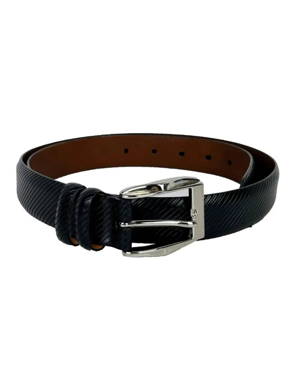 Johnston & Murphy Black Raised Stripe Calf Leather Belt Silver Buckle Men's 36